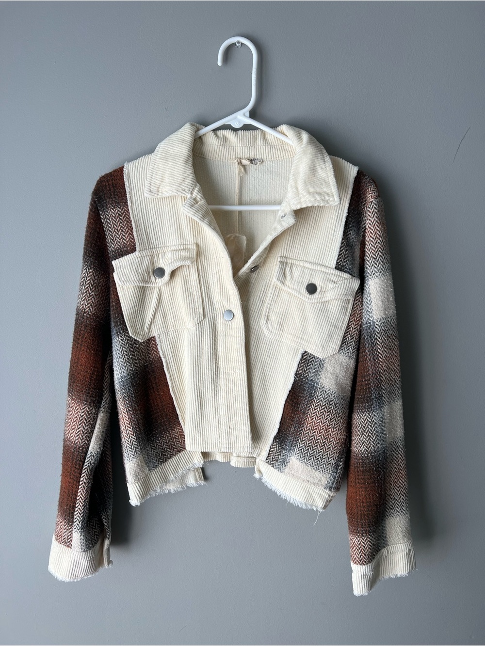 Mystree Cream Corduroy & Brown Plaid Cropped Jacket